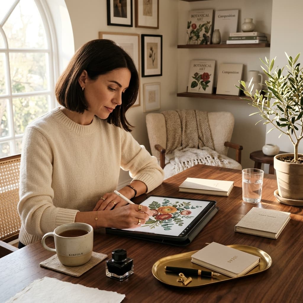 An elegant artist desk drawing a beautiful digital illustration on an iPad Pro